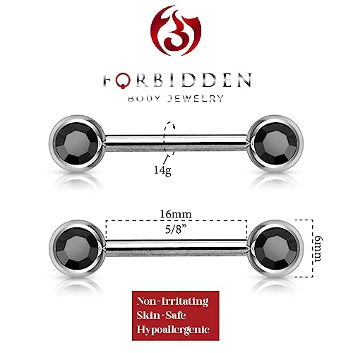 Forbidden Body Jewelry 14g Nipple Ring Barbells Set of 2, Pair of CZ 16mm (5/8 Inch) Barbells with 6mm Balls - color: Black