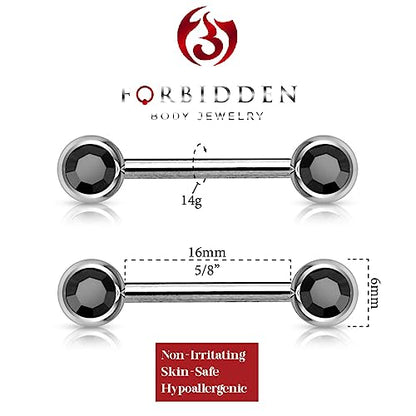 Forbidden Body Jewelry 14g Nipple Ring Barbells Set of 2, Pair of CZ 16mm (5/8 Inch) Barbells with 6mm Balls - color: Black