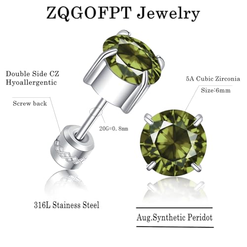 Titanium Flat Back Surgical Stainless Steel Stud Earrings for Women Men,Birthstone Stud Earrings Hypoallergenic Double Side 5A Cubic Zirconia Studs Jewelry 6mm - color: August(Peridot)