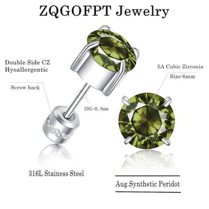 Titanium Flat Back Surgical Stainless Steel Stud Earrings for Women Men,Birthstone Stud Earrings Hypoallergenic Double Side 5A Cubic Zirconia Studs Jewelry 6mm - color: August(Peridot)