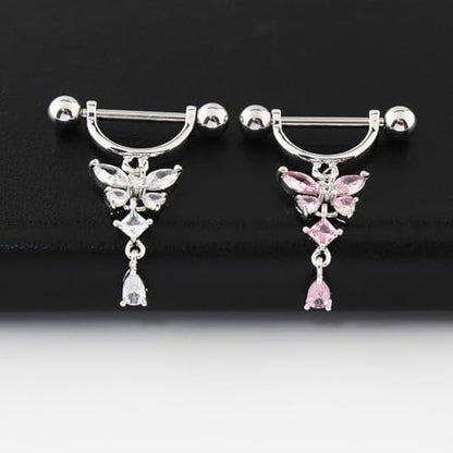 14G Butterfly Dangle Nipple Rings Stainless Steel Clear CZ Nipplerings D-shaped Nipple Barbell Pink White Butterfly Nipple Piercing Jewelry - color: Pink