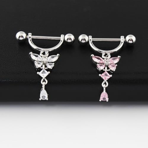 14G Butterfly Dangle Nipple Rings Stainless Steel Clear CZ Nipplerings D-shaped Nipple Barbell Pink White Butterfly Nipple Piercing Jewelry - color: White