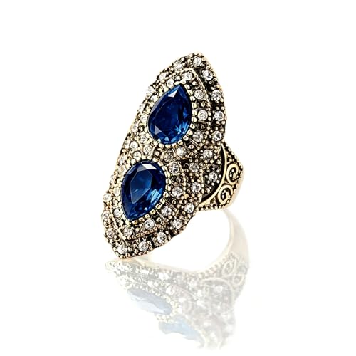 Vintage Two Stone Crystal Ring, Antique Gold Plated, Teardrop Gem Statement Ring, Bohemian Turkish Style Jewelry for Women - color: Ring_B blue