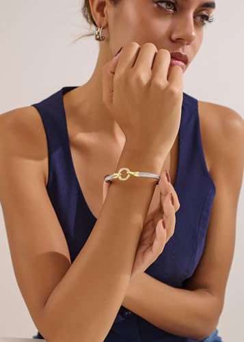 WOWORAMA Twisted Cable Wire Bracelets Two Tone Bangle Bracelet for Women | Stainless Steel, Unisex Gold Silver Bracelet, Mixed Metal Chunky Bangles Jewelry - color: Silver Circle