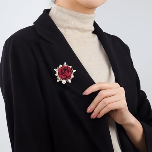 Rose Flower Brooch Pin for Women Fashion Dainty Gold Plated 3D Red Roses Floral Crystal Brooch Pin Birthday Dress Suit Accessories Jewelry - style: Red Rose Pearl