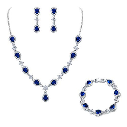 EleQueen Women's Silver-Tone Cubic Zirconia Teardrop Flower Bridal V-Necklace Sets Tennis Bracelet Dangle Earrings for Wedding Bridesmaids - color: Sapphire Color