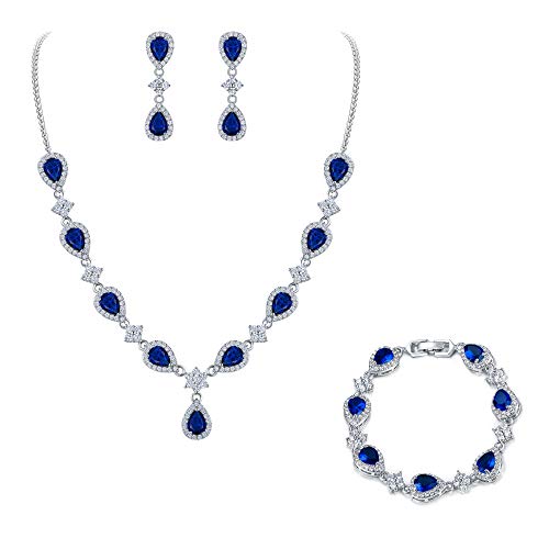 EleQueen Women's Silver-Tone Cubic Zirconia Teardrop Flower Bridal V-Necklace Sets Tennis Bracelet Dangle Earrings for Wedding Bridesmaids - color: Sapphire Color