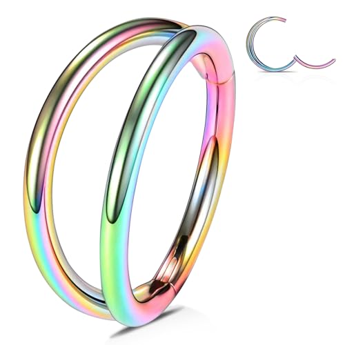 WBRWP 316L Stainless Steel Nose Hoop Rings Clicker with Zircon/Opal 14g-20g | Hypoallergenic Nose Rings Segment Clicker Lip Rings Cartilage Rook Conch Earrings Diameter 5mm-10mm - color: Double hoop rainbow ring