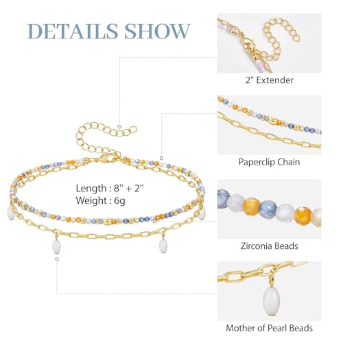 KissYan Beaded Anklets for Women, Seed Beads Layered Ankle Bracelets | Zirconia Anklet with 14K Gold Plated Link Chain, Adjustable Summer Bead Foot Chain, Sparkling Handmade Jewelry Gift - color: Blue