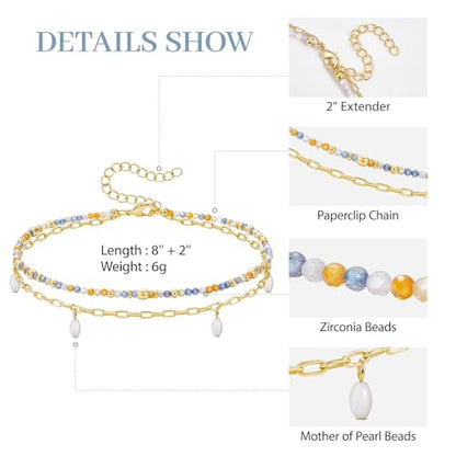 KissYan Beaded Anklets for Women, Seed Beads Layered Ankle Bracelets | Zirconia Anklet with 14K Gold Plated Link Chain, Adjustable Summer Bead Foot Chain, Sparkling Handmade Jewelry Gift - color: Blue