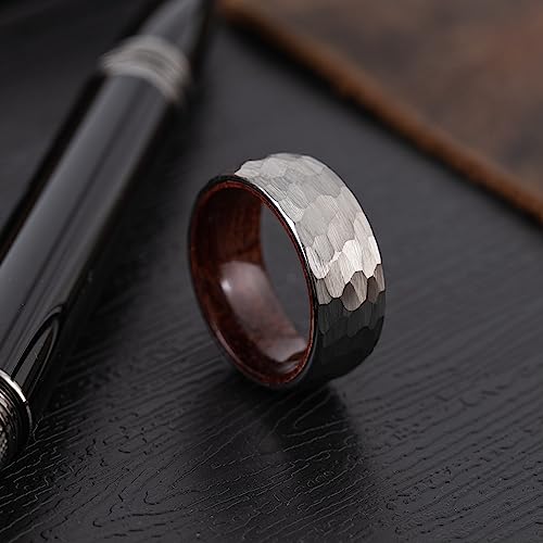 8mm Tungsten Carbide Genuine Natural Koa Wood Inner Inlay Ring Black/Gold/Silver/Rose Gold Wedding Band Hammered Textured Flat Style Comfort Fit Gift Box Included - color: Hammered Silver Tungsten