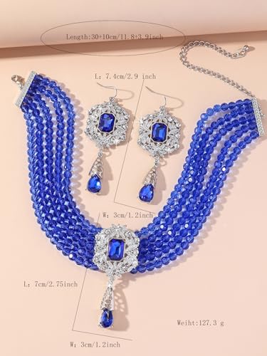 Missgrace Women Silver Black Green Red Rhinestone Crystal Tassels Bridal Necklace Earrings Sets Teardrop Necklace Dangle Earrings Set for Wedding Brides Bridesmaid - color: Blue