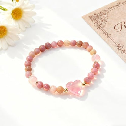 Heart Crystal Bracelet,Natural Gemstone Healing Bead Bracelet | Handmade Jewelry Gifts for Women Men,Graduation Gift for Her - color: Rhodonite Bracelet