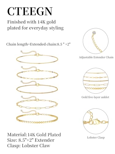 14K Gold/Silver Plated Anklets for Women Layered Anklet Set | Non Tarnish Waterproof Brass Ankle Bracelet, Adjustable Lightweight Dainty Hypoallergenic Chain, Beach Vacation Summer Gift - style: Style6