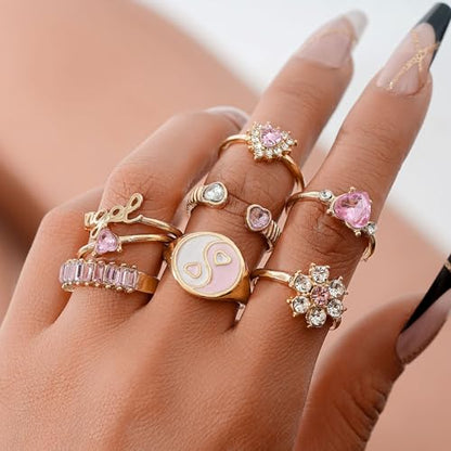 Gold Stackable Ring Sets Yin Yang Patterns Adjustable Alloy Finger Rings for Punk Boho & Daily Wedding Jewelry - color: Multicolor1