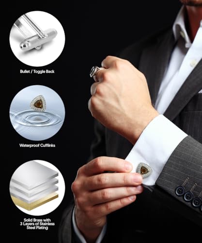 Triangular Crystal Diamond Set Cuff Links for Men – Tuxedo Suit Accessories, Cufflinks for Men - style: Brown/Silver