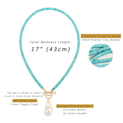 Aobei Pearl 18K Gold Plated Moon Star Lion Evil Eye Love Heart Cross Pendant Necklace Medallion Paperclip Chian Choker Layering Jewery for Women - color: Blue Clay Beads with Pearl