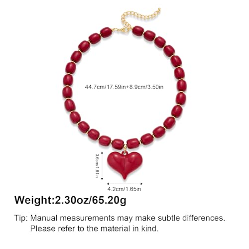 YUJIE Chunky Heart Pendant Necklace for Women- Exaggerated Statement Puff Heart Necklace with Acrylic Beaded Chain - color: burgundy