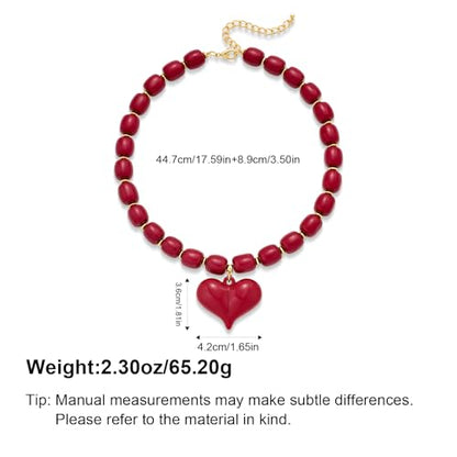 YUJIE Chunky Heart Pendant Necklace for Women- Exaggerated Statement Puff Heart Necklace with Acrylic Beaded Chain - color: burgundy