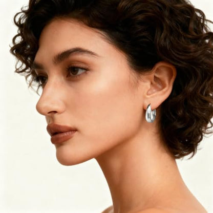 Chunky Hoop Earrings for Women 14K Gold Plated Small Huggie Hoops Lightweight Hypoallergenic Jewelry Gift - style: Simple Hoop-silver tone