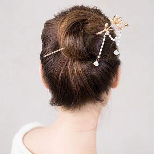 8 Pieces Retro Vintage Asian Japanese Gold Metal Long Hair Sticks Pins with Pearl Jade Tassels Pendants Chinese Hanfu Hair Chopsticks Picks Bun Forks Holders Hairpins Headpieces (Set A)