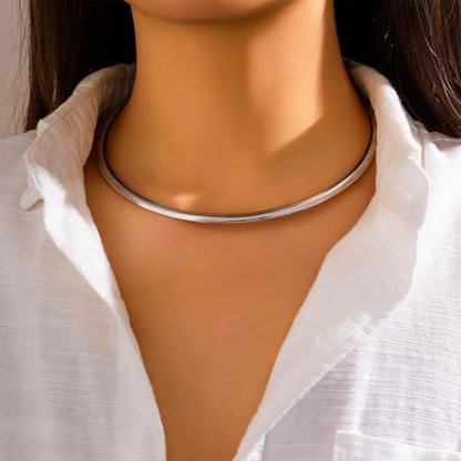 Chunky Gold Choker Necklaces for Woman Fashion Thick Statement Collar Necklace Adjustable Trendy Large Circle Hoop Jewelry Rock Prom Accessories - color: Silver