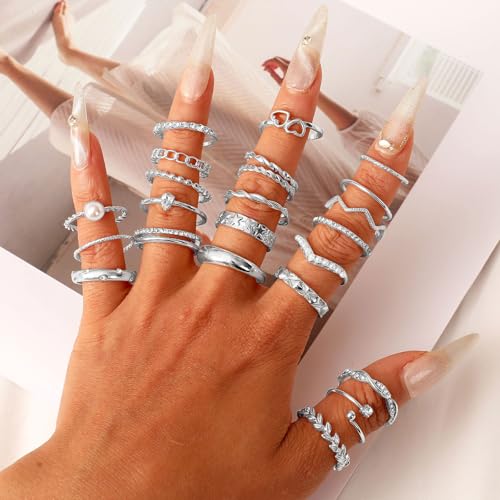 CHICUTIE Gold Knuckle Rings Set For Women Stackable Joint Finger Midi Rings Dainty Cubic Crystal Zirconia Simple Hollow Twist Cute Rings Pack Jewelry Gift - style: 43pcs Silver