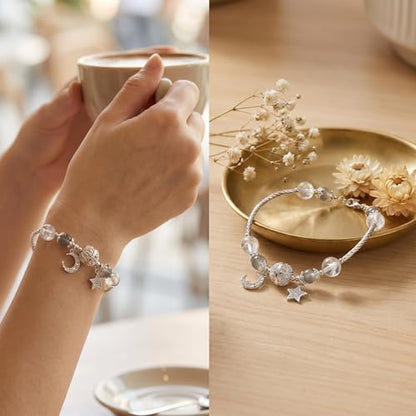 Star and Moon Bracelet for Women, White Crystal Bracelet with Celestial Charm, Spiritual Energy Beaded Bracelet for Meditation Yoga Travel Daily Wear, Inspirational Birthday Gift for Her Friend Sister