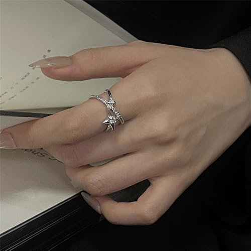 Y2k CZ Star Adjustable Open Stacking Rings for Women Men Vintage Punk Grunge Sparkling Crystal Cross Irregular Statement Stackable Finger Band Knuckle Rings Comfort Fit Fashion Jewelry 3Pcs Set