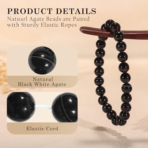 Agate Round Beaded Bracelet for Women Men Natural Agates Stone Healing Bracelets Stretch Elastic Handmade Polished Gemstone Beads Bracelet - color: Black White, size: 8mm Beads