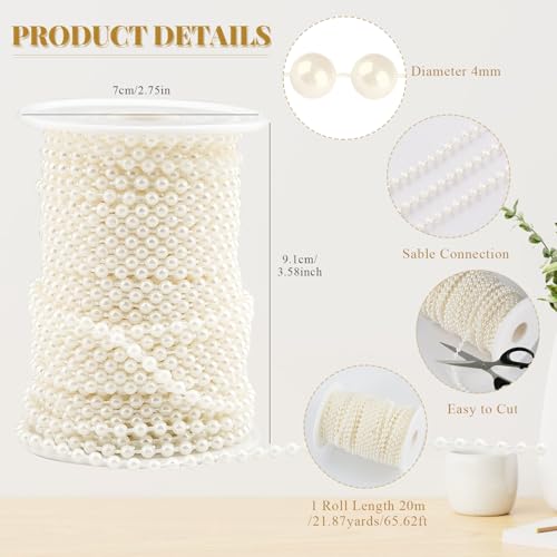 4mm Faux Pearl Beads String Garland Pearls for Crafting 66 Feet, Ivory | Bead Roll Strand for Wedding Party Christmas Tree Decorations - size: 4mm/66ft