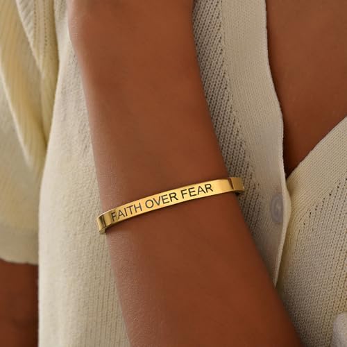 Inspirational Christian Bracelet for Women, Oval Engraved Bible Verse Love Bangle Cuff, Faith Scripture Jewelry, Religious Encouragement Gift for Mom Daughter Sister Friend - color: FAITH OVER FEAR-Oval Bangle Gold