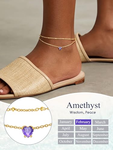 Suplight Gold Plated Butterfly Anklets for Women Waterproof, Layered Boho Ankle Bracelet with Birthstone, Stainless Steel Adjustable Non-Tarnish Heart Foot Jewelry Beach Vacation - color: 02. Heart-Feb. Amethyst