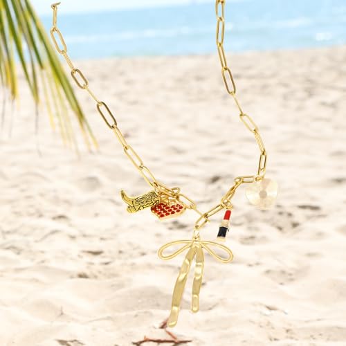 JNF Cute Shell Conch Boho Charm Necklace for Women Sun Moon Star Coin Heart Flower Boot Bow Charms Necklaces Summer Beach Jewelry - color: bow charm necklace