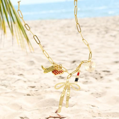 JNF Cute Shell Conch Boho Charm Necklace for Women Sun Moon Star Coin Heart Flower Boot Bow Charms Necklaces Summer Beach Jewelry - color: bow charm necklace