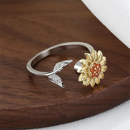 Hebelee Rotatable CZ Sunflower Spinner Ring for Women Fashion Crystal Rotating Flower Stackable Statement Open Wrap Finger Rings Comfort Fit Adjustable Fidget Anxiety Relieving Stress Jewelry - color: 2 Leaf