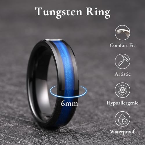 King Will Mens Galaxy Tungsten Wedding Band | 6mm/8mm, Beveled Edge, Comfort Fit, Durable, Sandstone Opal Inlay Polished, Everyday Wear - color: Black&Blue-6mm