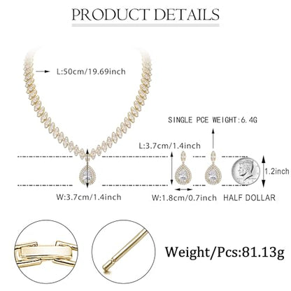 EVER FAITH CZ Marquise Leaf Teardrop Wedding Prom Jewelry Set for Women | Birthstone Pendant Necklace Dangle Earrings - color: Clear Gold-Tone