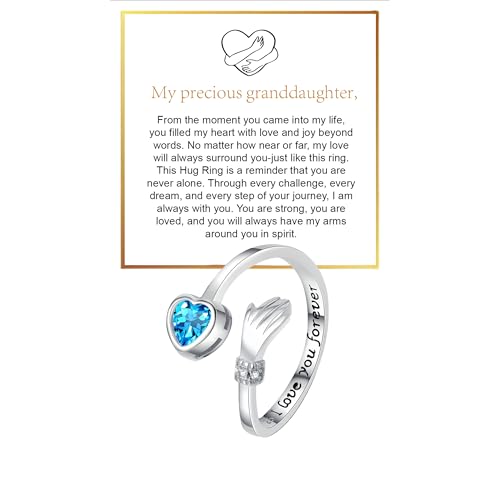 Granddaughter Daughter Hug Ring For Hope Rings, Stainless Steel Inspirational Jewelry Engraved Always With You Love You Forever Message Adjustable Non Tarnish Jewelry Birthday Gift Card - color: LYF Blue Diamond
