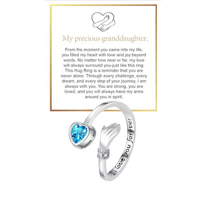 Granddaughter Daughter Hug Ring For Hope Rings, Stainless Steel Inspirational Jewelry Engraved Always With You Love You Forever Message Adjustable Non Tarnish Jewelry Birthday Gift Card - color: LYF Blue Diamond
