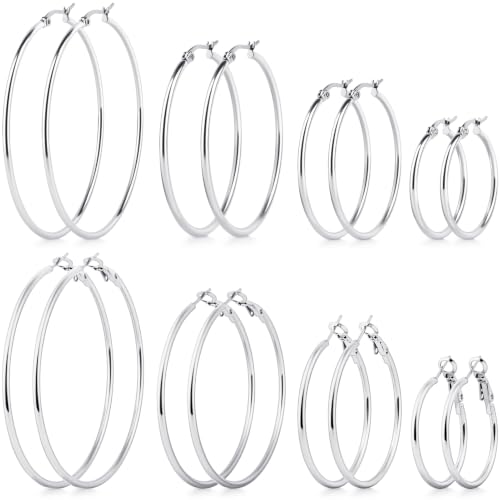 8 Pairs Gold Hoop Earrings for Women, 14K Gold Plated and Silver Hoops, Hypoallergenic Stainless Steel Classic Thin Large Set 30/40/50/60mm (1.18–2.36in) - color: 8 Pairs Silver-30/40/50/60mm