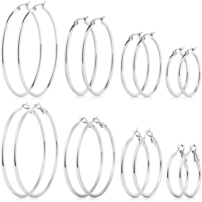8 Pairs Gold Hoop Earrings for Women, 14K Gold Plated and Silver Hoops, Hypoallergenic Stainless Steel Classic Thin Large Set 30/40/50/60mm (1.18–2.36in) - color: 8 Pairs Silver-30/40/50/60mm