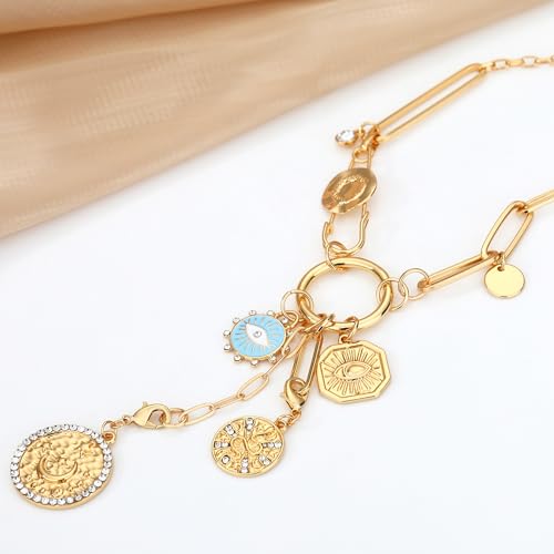 Charm Necklace for Women Gold Evil Eye Sun Moon Flower Coin Pendant Necklace Dainty Paperclip Chain Vintage Luck Amulet Choker Necklaces Celestial Jewelry Gift - style: Detachable- Evil Eye, Cobra