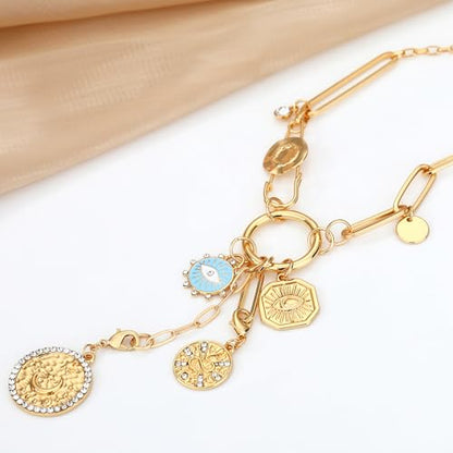Charm Necklace for Women Gold Evil Eye Sun Moon Flower Coin Pendant Necklace Dainty Paperclip Chain Vintage Luck Amulet Choker Necklaces Celestial Jewelry Gift - style: Detachable- Evil Eye, Cobra