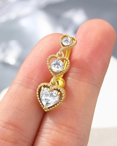 Triple Heart Dangle Belly Button Rings - 14G Reverse Navel Rings Dangly Cute Belly Piercing Jewelry - Stainless Steel - color: Yellow Gold