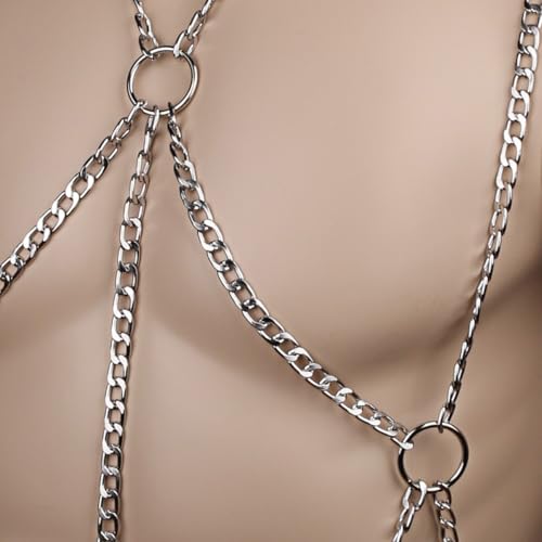 Men's Chest Belt Chain Costume Fashion Festival Outfit | Male Goth Shirt Shoulder Belt Mens Rave Outfit for Festival Party Rave Halloween Cosplay - color: Silver