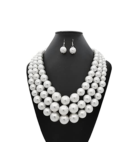 Fashion 21 Women's Faux Pearl Three Multi-Strand Statement Necklace and Earrings Set - color: White