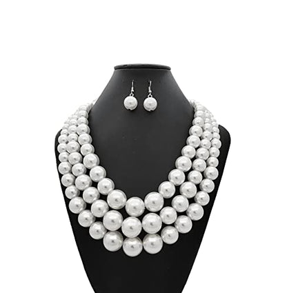 Fashion 21 Women's Faux Pearl Three Multi-Strand Statement Necklace and Earrings Set - color: White