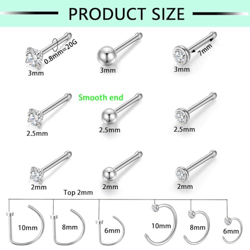 Gotumo 20G Nose Rings Titanium Nose Studs Cubic Zirconia Straight Nose Piercing Jewelry Hypoallergenic Nose Rings Studs for Women Men 6pcs set Silver - color: Silver, size: 20G Straight 15pcs