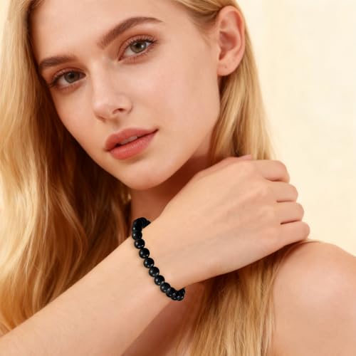 Agate Round Beaded Bracelet for Women Men Natural Agates Stone Healing Bracelets Stretch Elastic Handmade Polished Gemstone Beads Bracelet - color: Black, size: 8mm Beads